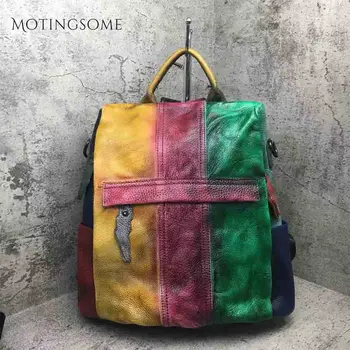 

Colorful Genuine Leather Backpack Patchwork Style Handmade Cowhide Leather Backpack Luxury School Mochila for Ladies 2020 New