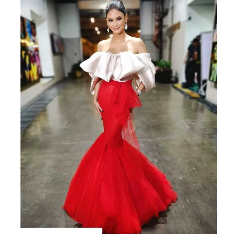 Aso Ebi Red Sexy Prom Dresses Off The Shoulder Short Sleeves Mermaid Evening Dress Arabic Cheap Simple vestido de festa