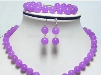

genuine 10mm purple JADE necklace bracelet earring set