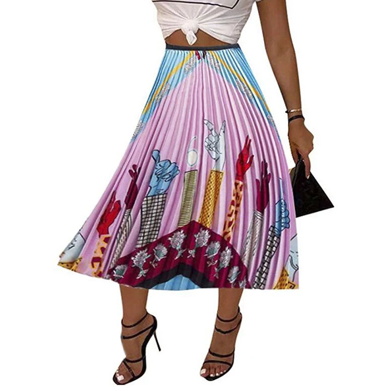 

Summer Big Swing Party Holiday High Street Trend Skirts Womens Print Cartoon Pattern Empire High Elastic Women Midi Skirt