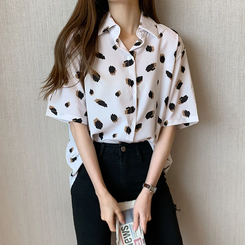 Women Blouses Direct Selling Button Print 2020 Summer New Short-sleeve White Black Shirt Female Casual Women's Slim Clothing