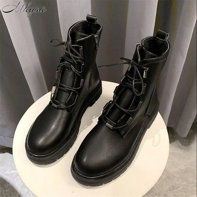 

Mhysa 2019 New Wild Winter Motorcycle Boots Women British Style Ankle Boots Lace Up Low Heel ankle Boot Women Shoes L1074