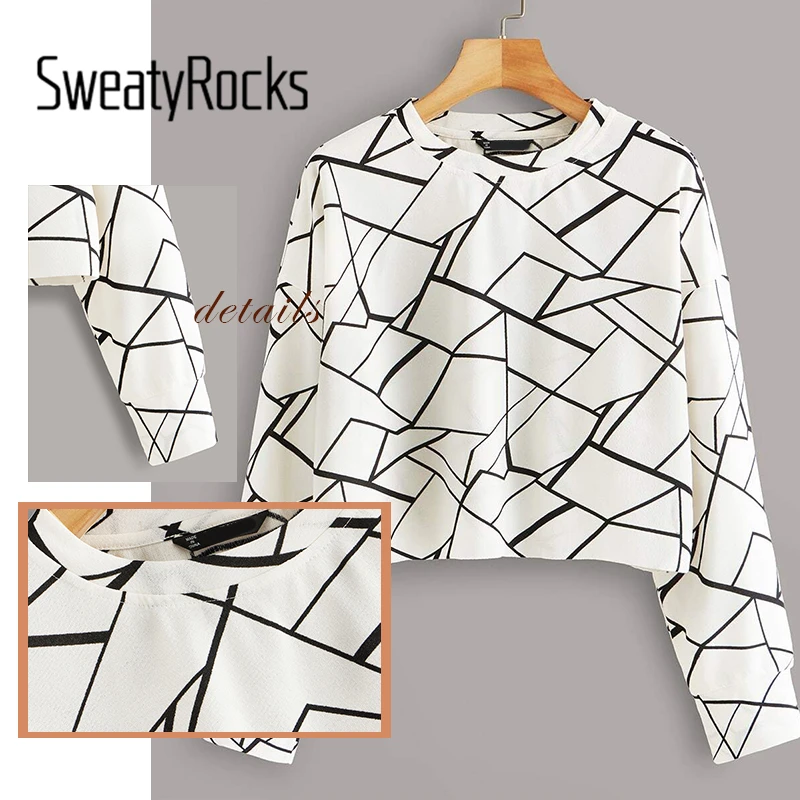 Свитер с геометрическим принтом SweatyRocks, женская уличная одежда, джемперы с круглым вырезом, топы, осень, пуловер для активного отдыха, повседневные толстовки для отдыха