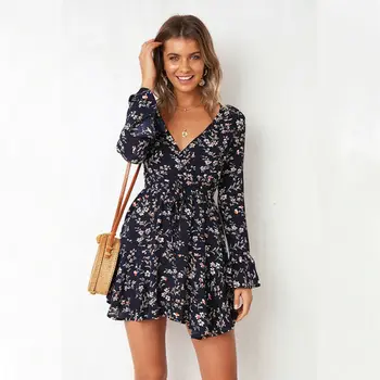 

Women's Floral Summer Sundress V-neck Long Puff Mandarin Sleeves Mini Dress Sexy Party Club Casual Dresses For Women