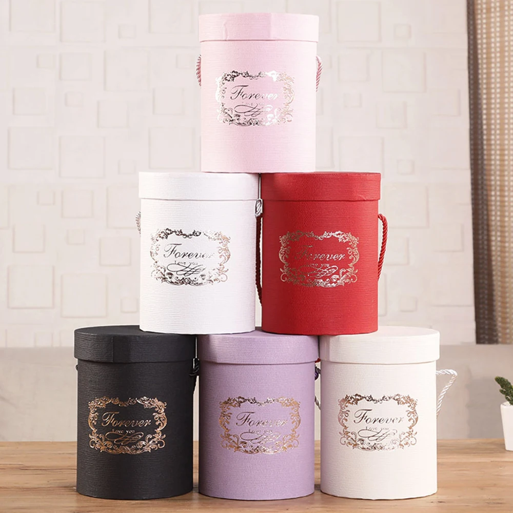 

1pcs/1set Round Flower Paper Boxes Handheld Hug Bucket Florist Gift Packaging Rose Vases with Lid for Wedding Party Home Decor