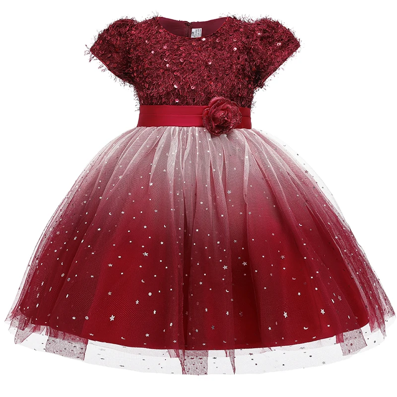 Зимнее пышное платье русалки детские платья для девочек вечерние платья Элегантное платье принцессы с блестками для девочек 10 лет - Цвет: Dark Red