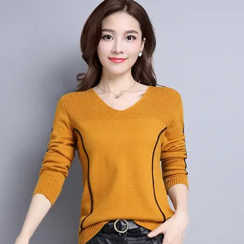 

Autumn Winter Women Sweater New 2019 Stripe Pullover Knitwear Sweater V-neck Long-sleeved Sweater Female Clothes