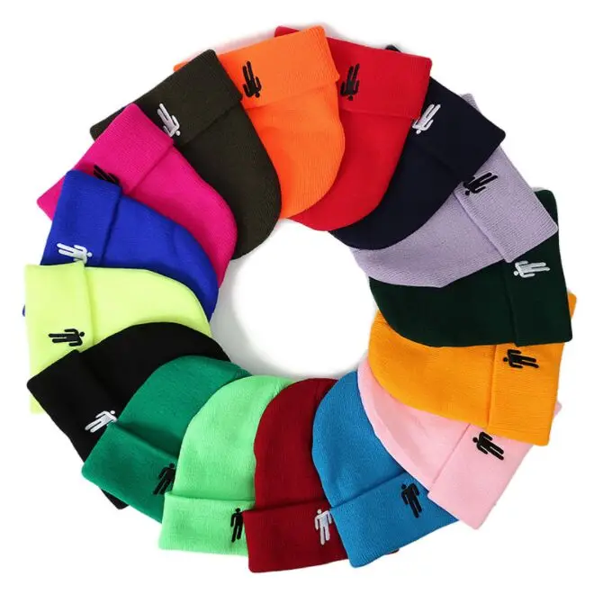 

Winter Men and women's Casual Acrylic Knitted Hat Solid Hip-hop Bonnet Cap Ladies Figure Embroidery Skullies Beanies