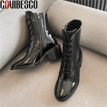 

COVIBESCO Vintage Genuine Leather Winter Boots Side Zipper Fashion Female Round Toe Thick Heels Pumps Party Basic Shoes Woman