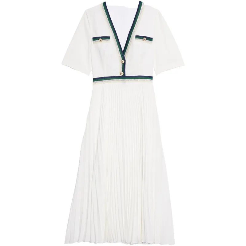 

Women Hit Color Midi Dress With Buttons Summer Short Sleeve Peated Long Dress