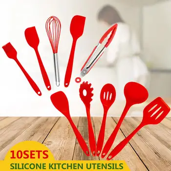 

Red Durable Practical Cooking Utensil Set Slotted Turner Spoon Egg Beater Leakage Shovel Cookware Set Food Grade Non-Stick Pan