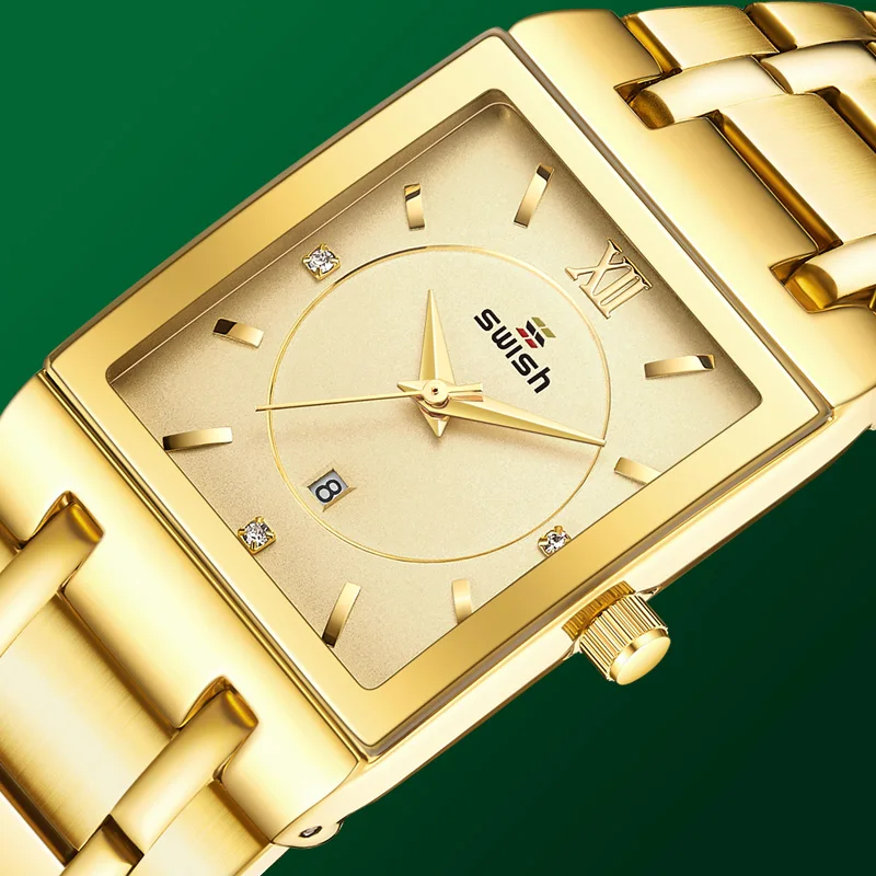 SWISH Luxury Golden Watches Women Creative Square Design Wristwatch Ladies Bracelet Quartz Watch Zegarek Damski Relogio Feminino