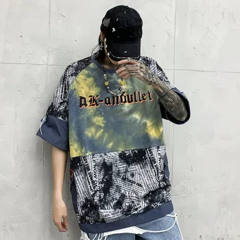 

Hip Hop Patchwork Letter Print Men's T-shirt Men Cotton Original Streetwear Casual Side Pockets T shirt Top Graffiti Pullover