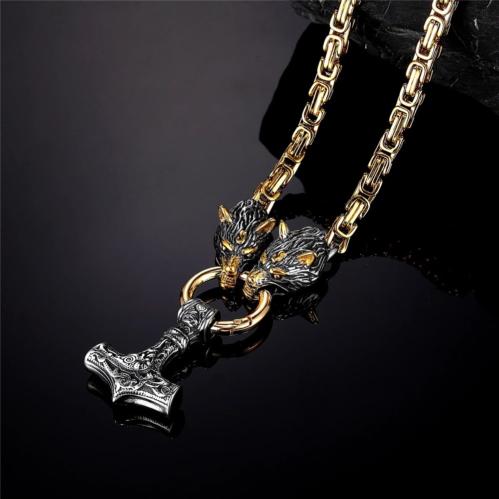 バイキングオーディン雷ハンマーウルフヘッドネックレスvegvisir