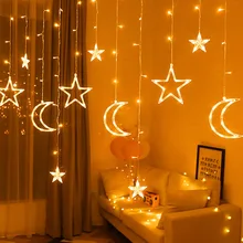 

220v Moon Star Curtain Light Eid Mubarak Lamp LED Fairy String Lights Garland Christmas Valentines Day Wedding Room Lights Decor