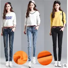 Женские осенне-зимние утепленные джинсы большого размера года, штаны-шаровары с эластичной резинкой на талии