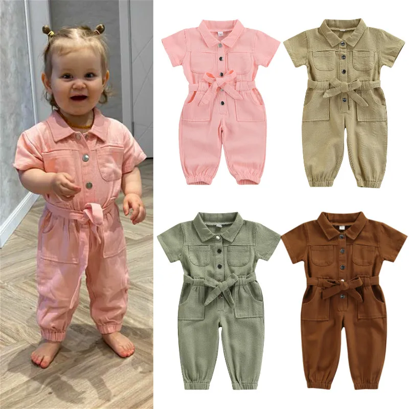 0-6Years Baby Girls Denim Jumpsuit Overalls Kids Clothes Toddler Short Sleeve Lapel Pocket Long Pant Romper