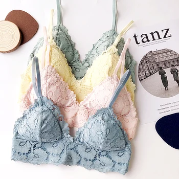 

Wriufred Sexy flower lace lingerie set wire free triangle cup bra set girl fairy underwear small chest bra women panties suit