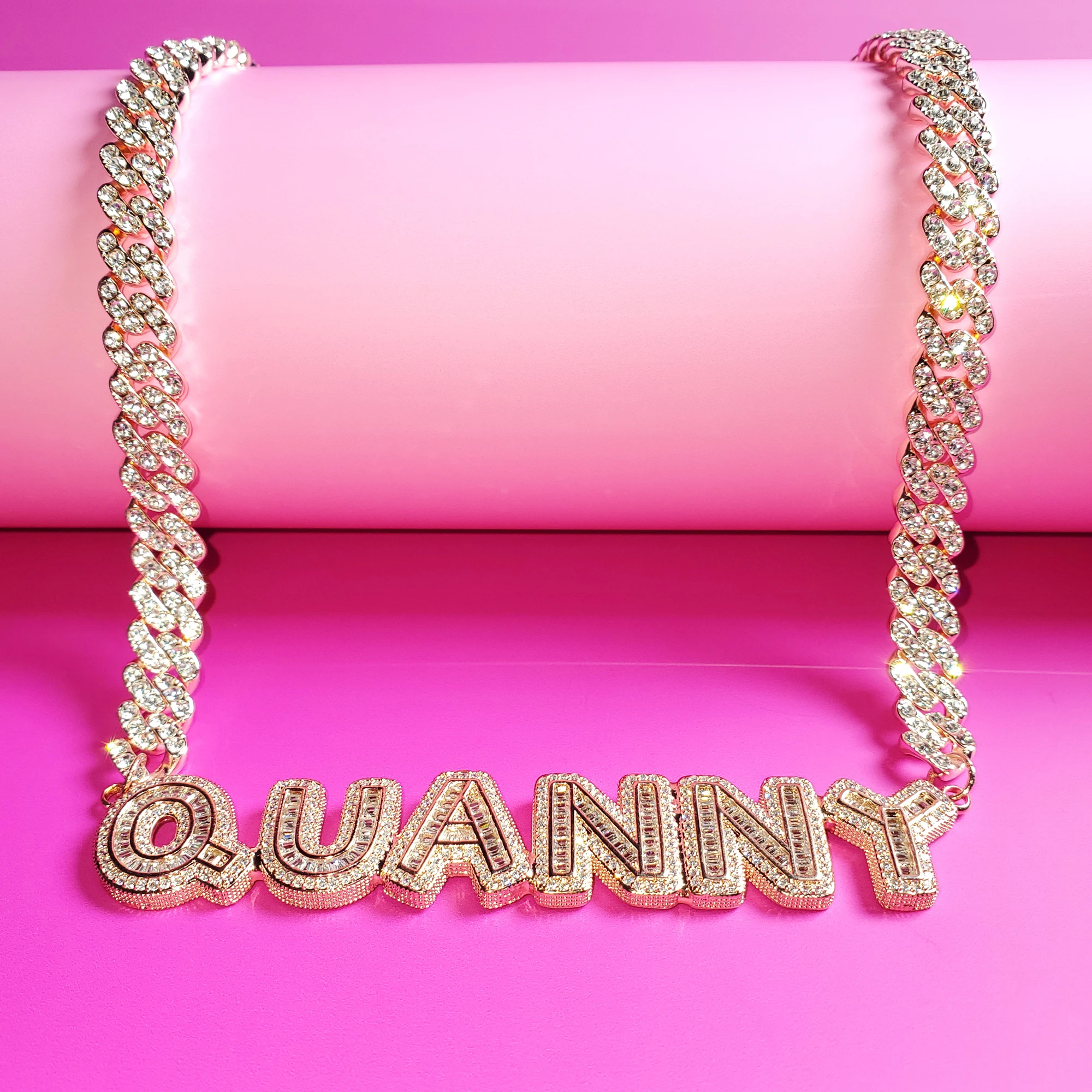CUSTOM Name Pendant Necklace with Cuban Link Chain, Icy Baguette Letters Name Necklace, Icy Bling Name Choker, Personalized Gift