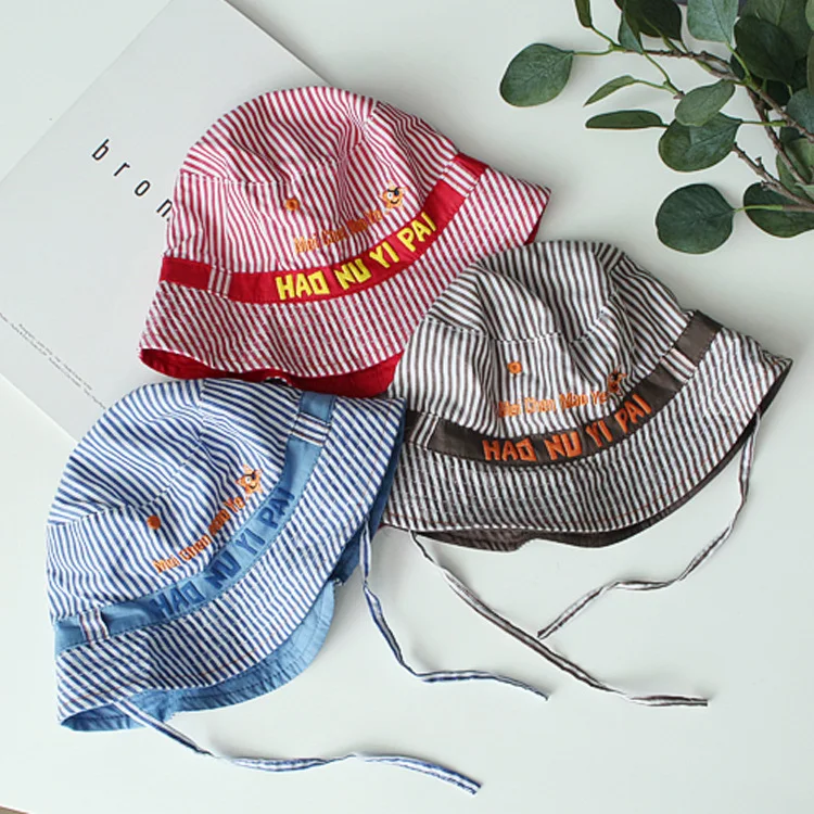 

Export Striped Letters Children Bucket Hat Cotton Baby Bucket Hat Men And Women Outdoor Windproof Lanyard Sun Hat