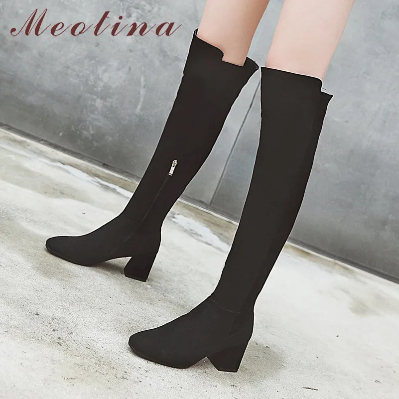 

Meotina Winter Over The Knee Boots Women Zipper Thick High Heel Long Boots Flock Square Toe Shoes Ladies Autumn Plus Size 33-43