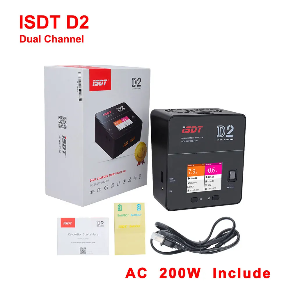 ISDT D2 AC 200W 12A 2-6S Dual Channel Battery Balance Charger For Lilon LiPo LiHV NiMH Pb Gaoneng Tattu Battery RC Models