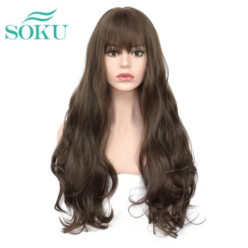 

Brown Color Wig With Bangs SOKU Synthetic Wigs Texture Heat Resistant Hairpiece Body Wave Machine Made Wig For Black/White Women