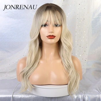JONRENAU 24 inches 9 Colors Long Brown Root Ombre Blonde Wig Synthetic Natural Wave Wigs with Bangs for Black/White Women 2
