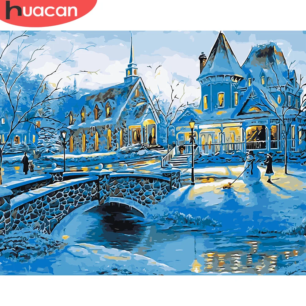 

HUACAN Oil Painting By Numbers House Landscape Kits Drawing Canvas HandPainted DIY Pictures By Numbers Winter Scenery Home Decor