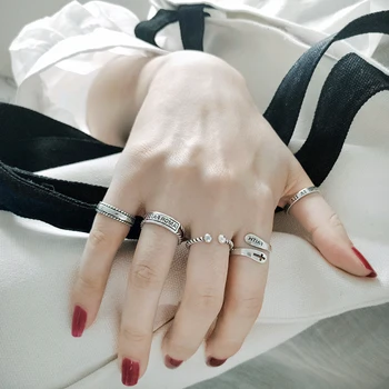 

ins wind 925 silver rings for women sterling frosty hipster popular alphabet retro opening combination ring fashion jewelry