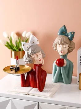 

Nordic Modern Girl Sculpture Ornaments Art Statue Living Room Decoration Tabletop Figurines Storage Tray Home Decoration Gift