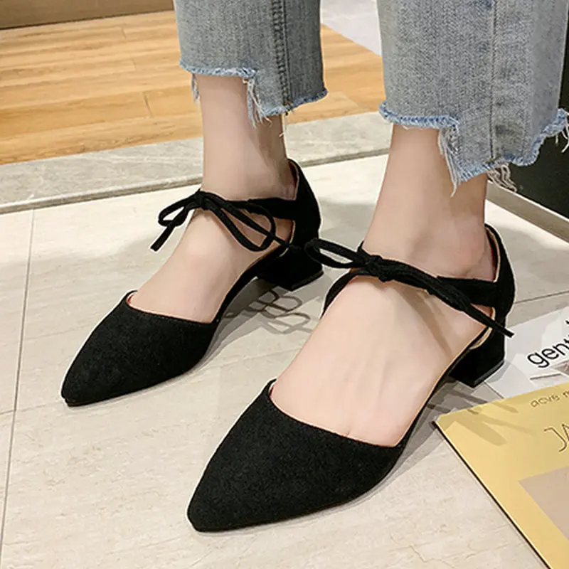 

Nice Pop Summer Women Casual Pumps Square High Heels Classic Lace Up Shoes Woman Mature Wine Red Black Beigh Female Sandals