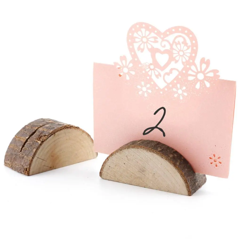 10pcs Rustic Wood Wedding Place Card Holders Half-Round Table Number Holders