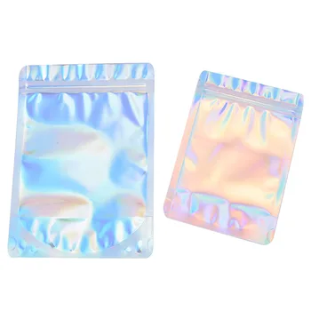 

100Pcs Zip Lock Bags Pouches Cosmetic Plastic Laser Iridescent Bags Holographic Makeup Bags