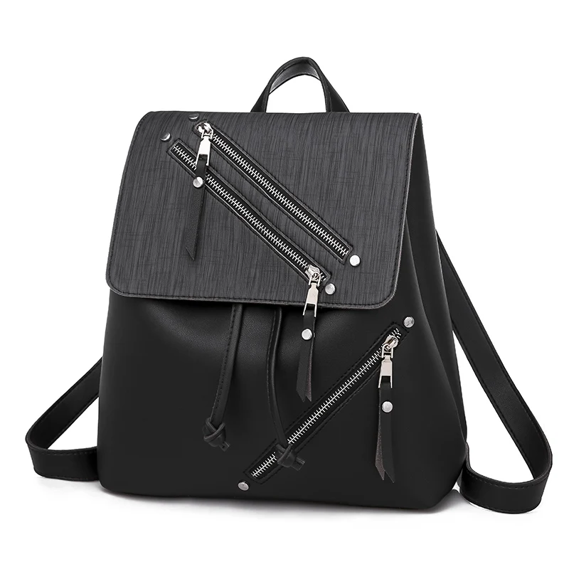 

Women's Solid Color Diagonal Zipper Personality Backpack High Quality Leather Backpack Ladies Casual Retro Shoulder Bag 2019 New
