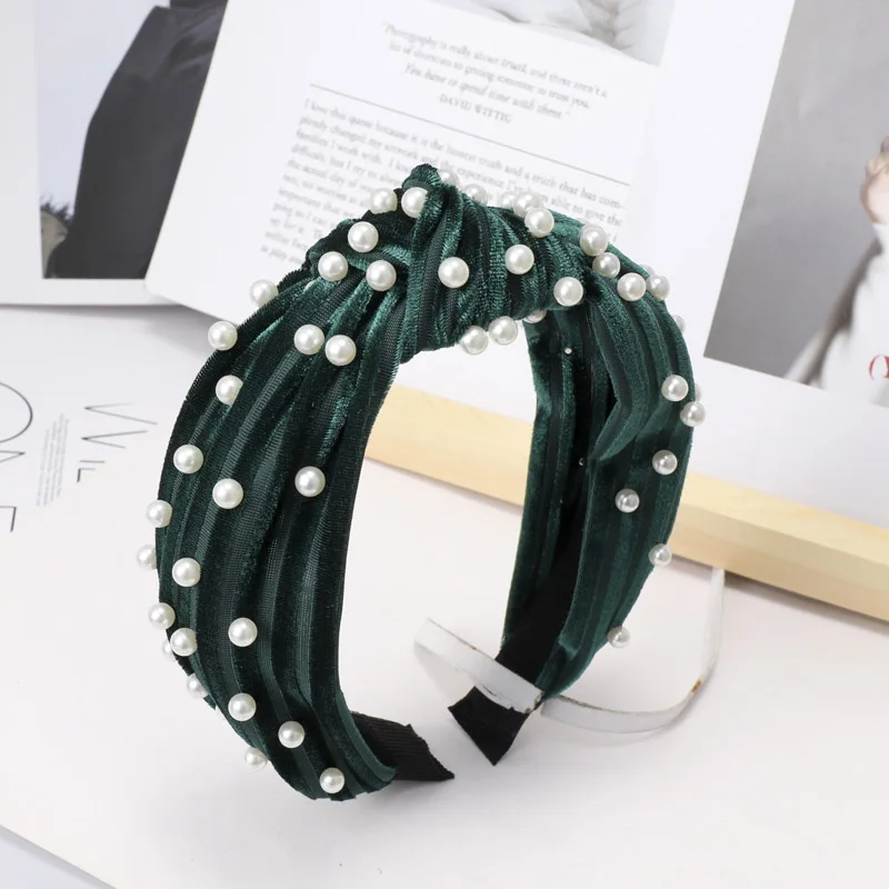 C181 dark green Винтажные бархатные резинки для волос с жемчугом для женщин ободок с бантом обруч для волос аксессуары для девочек Haarband diademas para el pelo mujer - Цвет: C181 dark green