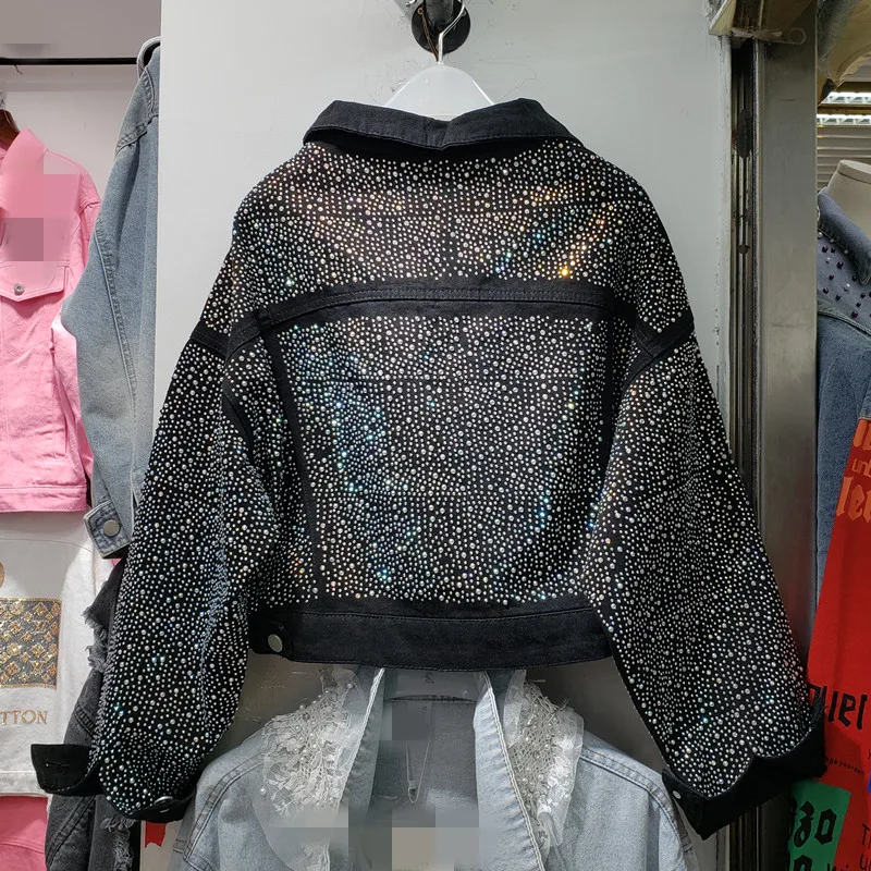 

2019 Fall New Heavy Work Hot Drill Denim Jacket Woomens Short Jackets Female Black Long Sleeve Leisuer Jeans Coat Outwear Femme