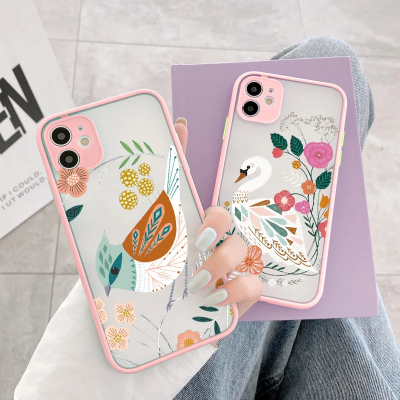 Floral Bird Design Phone Case With Owl & Swan Illustrations