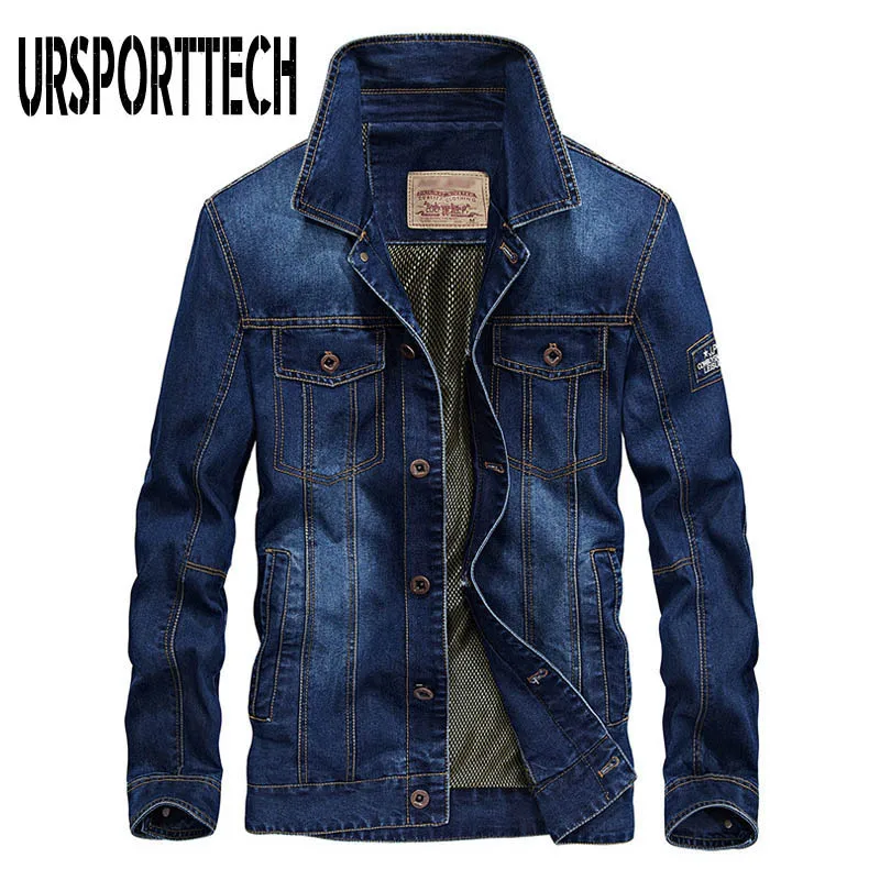 URSPORTTECH Denim Jackets Men Coat Dark Blue Casual Teens Denim Jacket Cotton Turn-down Collar Long Sleeve Denim Bomber Jackets - Цвет: Light Blue