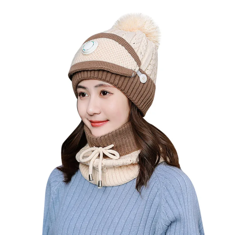 Winter Knit Set Women Girls Patchwork Ball Hat Skullies Beanies Lace-up Scarf O Ring Face Mask Woman Ski Cap 9108 - Цвет: Beige