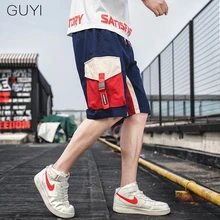 GUYI контрастный цвет карманы Карго шорты для мужчин шнурок лоскутное тактические шорты мужские модные повседневные Хип-хоп шорты в уличном стиле