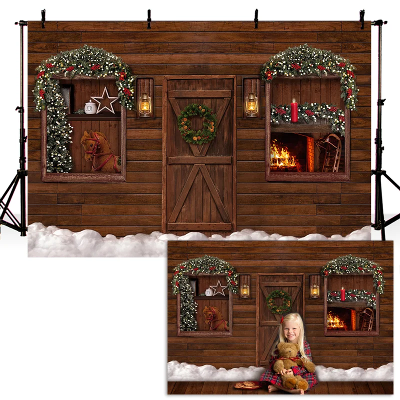 Christmas Photography Background X-mas Candle Fireplace Wooden Door Backdrop Horse Decoration Props Banner For Photo Studio | Электроника