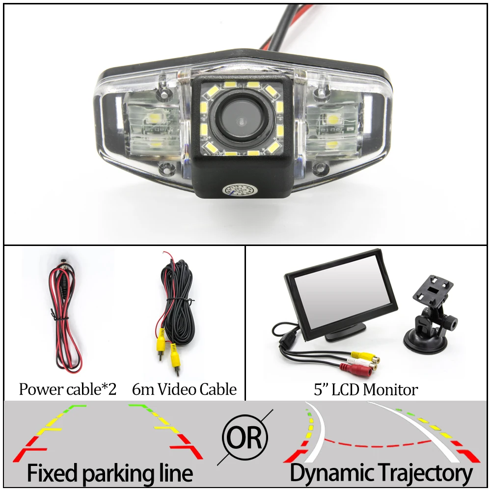Камера заднего вида CCD с фиксированной или динамической траектории для Honda Accord 2001-2010/City-/Civic 2012~ автомобильная парковочная камера - Название цвета: 12LED And 5 inch LCD