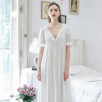 

Sexy Loose Sleepwear Cute Princess Style Home Service Cotton V-neck Lace Edge Short Sleeve Long Section Solid Color Nightdress