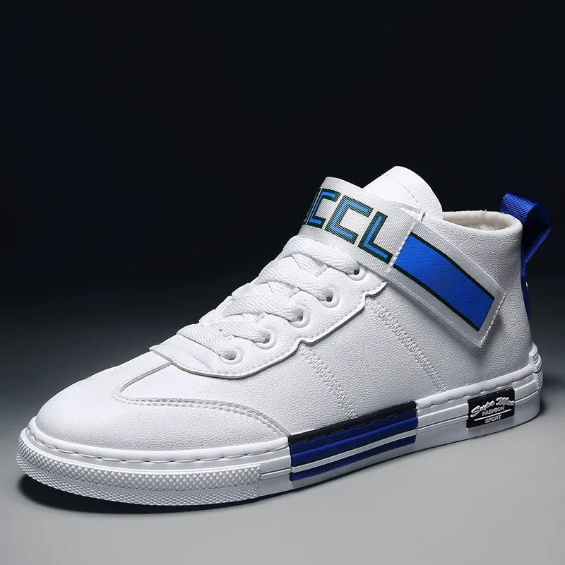 

2019 Autumn New Style Mid-top Leather White Shoes Korean-style Fashion Sneakers Lettered Buckle Versatile MEN'S SHOES