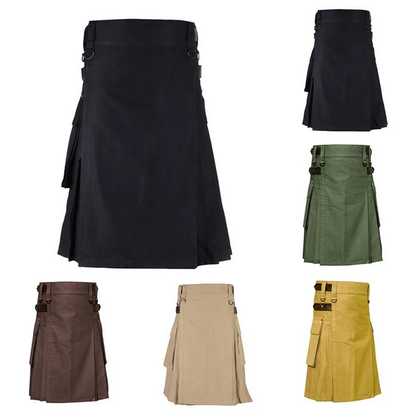 Puimentiua Scottish Mens Solid Classic Retro Traditional Plaid Medieval Cargo Personality Scottish Kilts Check Pattern Skirts