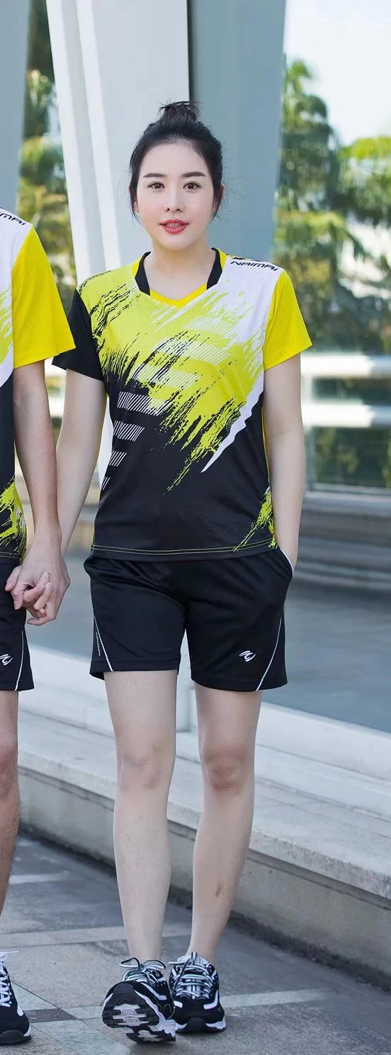 Быстросохнущая одежда теннисная футболка и шорты для мужчин и женщин дышащий Спорт, бадминтон Костюмы Набор поглощение пота L817SHC - Цвет: Women Set Yellow