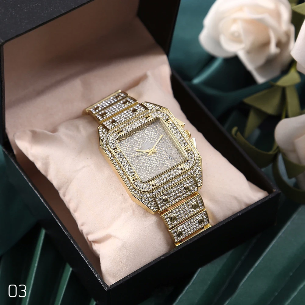 Super Shine Hip Hop Iced Out Men Watch Square Diaond Quartz Mens Wrist Watches Gold Roan Calendar Steel Clock_voghion.com