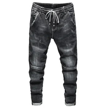 

2019 Men Jeans Tether Elastic Waist Male Pants Straight Cylinder Slim Fit Harlan Edition Leisure Jeans Male
