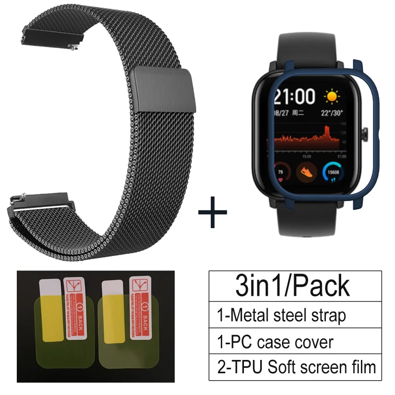 black-deep blue 3в1 умные аксессуары для часов Ремешок для Amazfit GTS чехол металлический браслет для Huami Amazfit GTS Band Защитная пленка для экрана - Цвет: black-deep blue